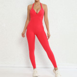 Women Plunging Backless Halter Neck Sports Fitness Yoga Jumpsuit