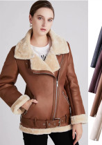 Women Lamb Wool PU-Leather Warm Jacket