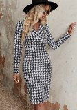Autumn And Winter Digital Houndstooth Printed Slim Fit V-Neck Dress For Women