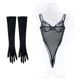 Sexy One-Piece Sexy See-Through Basic Slim Fit Bodysuit With Gloves For Women