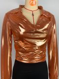 Women's Club Shiny Metallic Cuff Long Sleeve Turndown Collar Slim Waist Top