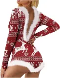 Christmas Digital Print Sexy Low Back Raw Edge Long Sleeve Bodysuit