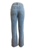 Women's Stretch Denim Pants Twist Hollow Loose Straight Jeans
