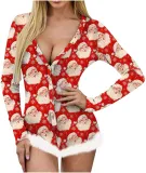 Christmas Digital Print Sexy Low Back Raw Edge Long Sleeve Bodysuit