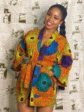Women's Autumn Digital Print Patchwork Belt Pocket Kimono Jacket