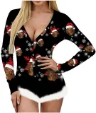 Christmas Digital Print Sexy Low Back Raw Edge Long Sleeve Bodysuit
