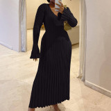 Autumn And Winter Casual Slim Waist V-Neck Wide Ribbed Slim Fit Knitting Long Dress For Women