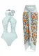 Women's Solid Color Cross Hollow Halter One Piece Swimsuit Cover Up Skirt Two Piece Swimwear For Women