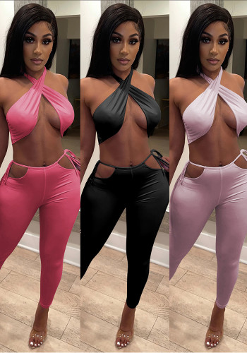 Fashionable And Sexy Cross Halter Top Slim Pants Two-Piece Set