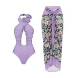 Women's Solid Color Cross Hollow Halter One Piece Swimsuit Cover Up Skirt Two Piece Swimwear For Women