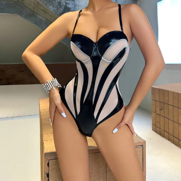 Sexy Leather And Mesh Patchwork Sexy Straps Bodysuit For Women