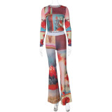 Autumn And Winter Women's Fashion Printed Long Sleeve Top Bell Bottom Pants Two-Piece Set