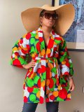Women's Autumn Digital Print Patchwork Belt Pocket Kimono Jacket