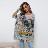 Plus Size Cartoon Print Sweater Long Sleeve Women Casual Pullover Loose Knitting Shirt Top