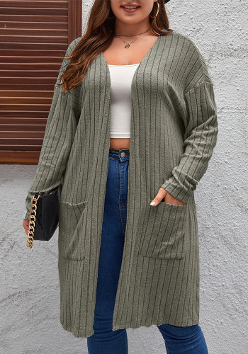 Women's Plus Size Casual Ribbed Solid Color Pocket Long Sleeve Cardigan