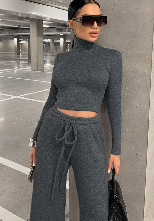 Women's Solid Color Fashionable Sports Long-Sleeved  Casual Two-Piece Pants Set