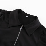 Women's Fashion Turndown Collar Zipper Long Sleeve Black Dress