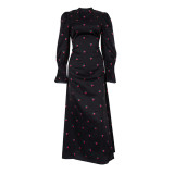 Women's Printed Round Neck Long Sleeve Dress Fall Fashion Slim Waist Satin Maxi Dress
