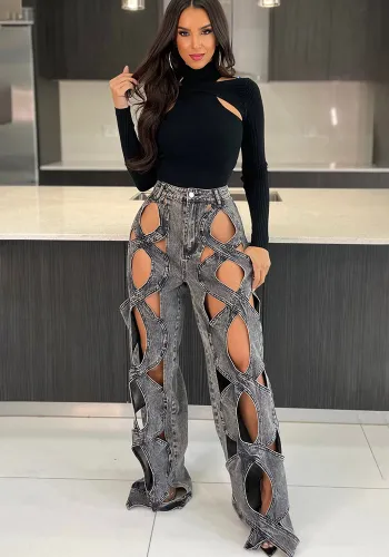 Women's Stretch Denim Pants Twist Hollow Loose Straight Jeans