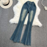 Fashion Suit For Women Strapless Denim Top Two Piece Set Casual High Waist Slim Fit Bell Bottom Pants Casual Trousers