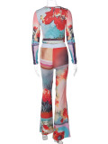 Autumn And Winter Women's Fashion Printed Long Sleeve Top Bell Bottom Pants Two-Piece Set
