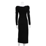 Autumn And Winter Women's Clothing Trends Black And White Contrast Slit Maxi Dress Peter Pan Collar Long Sleeve French Dress