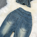 Fashion Suit For Women Strapless Denim Top Two Piece Set Casual High Waist Slim Fit Bell Bottom Pants Casual Trousers