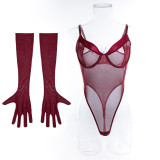 Sexy One-Piece Sexy See-Through Basic Slim Fit Bodysuit With Gloves For Women