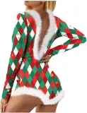 Christmas Digital Print Sexy Low Back Raw Edge Long Sleeve Bodysuit
