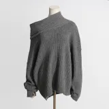 Women Autumn Trend Irregular Off Shoulder Loose Casual Knitting Shirt Long Sleeve Sweater