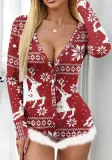 Christmas Digital Print Sexy Low Back Raw Edge Long Sleeve Bodysuit