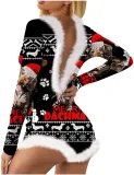 Christmas Digital Print Sexy Low Back Raw Edge Long Sleeve Bodysuit