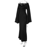 Women Autumn and Winter Tie Hollow Off Shoulder Loose Long Sleeve Dress