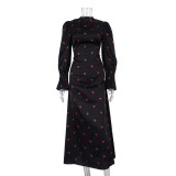 Women's Printed Round Neck Long Sleeve Dress Fall Fashion Slim Waist Satin Maxi Dress