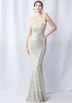 Feather Beaded Plaid Sequin Dinner Party Evening Dress