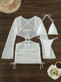 Women mesh hollow drawstring Lace-Up Swimwear Three-Piece