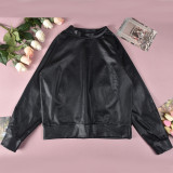Autumn Round Neck Long Sleeve Pu Leather Top For Women