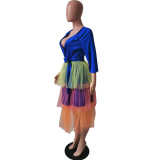 Women Candy Color Mesh Patchwork Cardigan Jacket Lace-up Dress