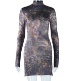 Women Stand Collar Printed Slit Long Sleeve Bodycon Dress