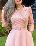 Women Turndown Collar Pleated Lace-Up Belted Dress