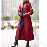 Women's Buttoned Leather Jacket Plus Size Slim Fit Leather Trench Coat