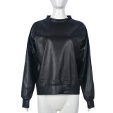 Autumn Round Neck Long Sleeve Pu Leather Top For Women