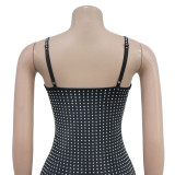 Fashionable Women's Solid Color Mesh Beaded Suspender Dress