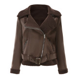Autumn And Winter Fur Warm Women's Leather Jacket With Belt For Women Turndown Collar Coat