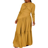 Women's Solid Color Long-Sleeved Pleated Loose Dress