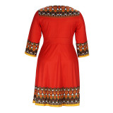 Plus Size Women Ethnic Loose Knitting Maxi Nine-quarter Sleeve Dress