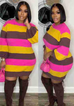 Women Fall/Winter Casual Contrast Stripe Knitting Round Neck Sweater Dress