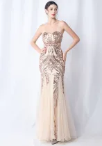 Positioned Flower Mesh Sequin Wedding Dinner Evening Dress