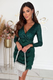 Women Party Sequin V Neck Long Sleeve Sexy Dress