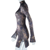 Women Stand Collar Printed Slit Long Sleeve Bodycon Dress